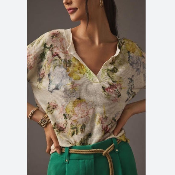 By Anthropologie Printed V Neck Sweater Linen Blend Abstract Floral NWOT - Picture 12 of 12